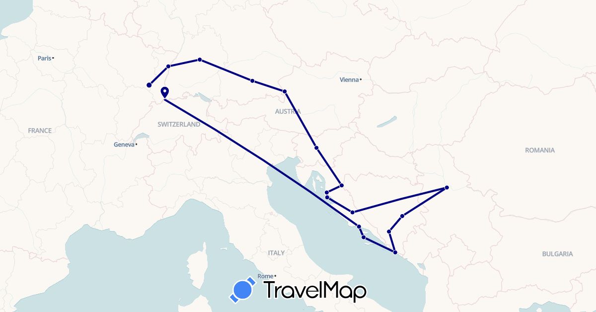 TravelMap itinerary: driving in Austria, Bosnia and Herzegovina, Switzerland, Germany, France, Croatia, Serbia, Slovenia (Europe)